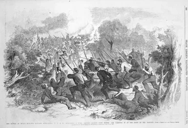 The Battle at Bull Run: The Gallant Sixty-Ninth N.Y.S.M. Att attackera ett rebellbatteri maskerat med buskar och bära det vid bajonettens punkt, från 